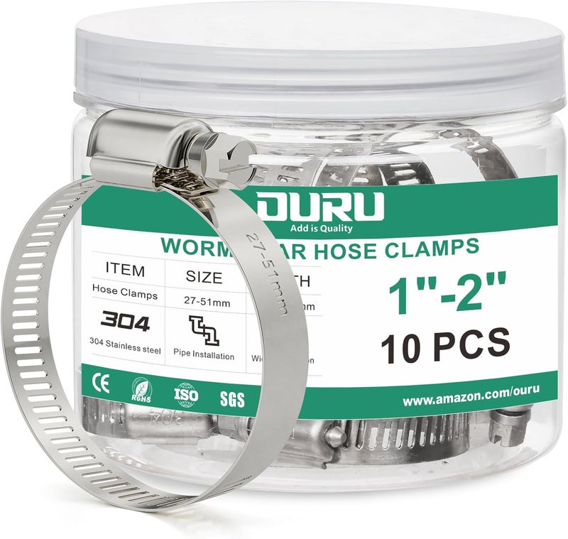 ORU 10PCS Hose Clamps Stainless Steel Adjustable 1"–2"(27-51mm) Worm Gear Hose Clamp, Heavy Duty Metal Small Hose Clamps for Automotive, Pipe, Radiator Plumbing, Fuel Line - Image 1